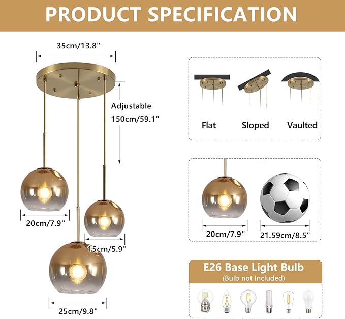 KCO Lighting Gold Cluster Pendant 3-Light Large Glass Pendant Lights Kitchen Island Bubble Globe Chandelier Mid Century Modern Hanging Light