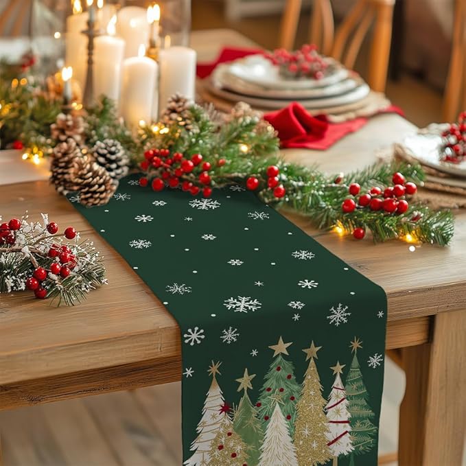 GEEORY Christmas Table Runner 13x120 Inch, Xmas Trees Snowflakes Holiday Decorative Farmhouse Table Decoration for Kitchen Dinning, Indoor Outdoor Dinner Party Decor (Green) GT152-120