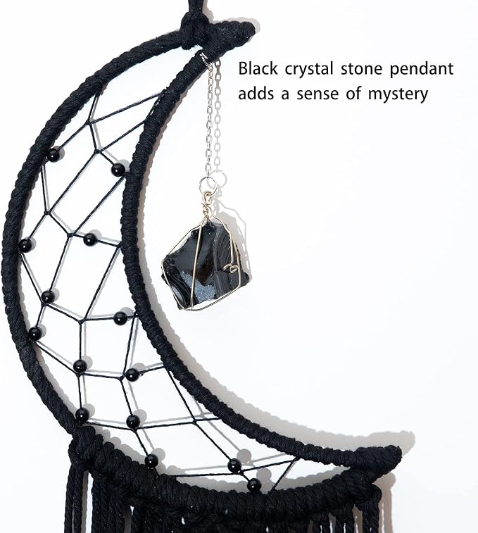 MOONFLY Black Moon Dream Catcher with Handmade Crystal Stone Design Woven Cotton Dream Catchers Boho Macrame Wall Hanging Home Decoration Ornament Craft Gift (Black Crystal Stone Moon)