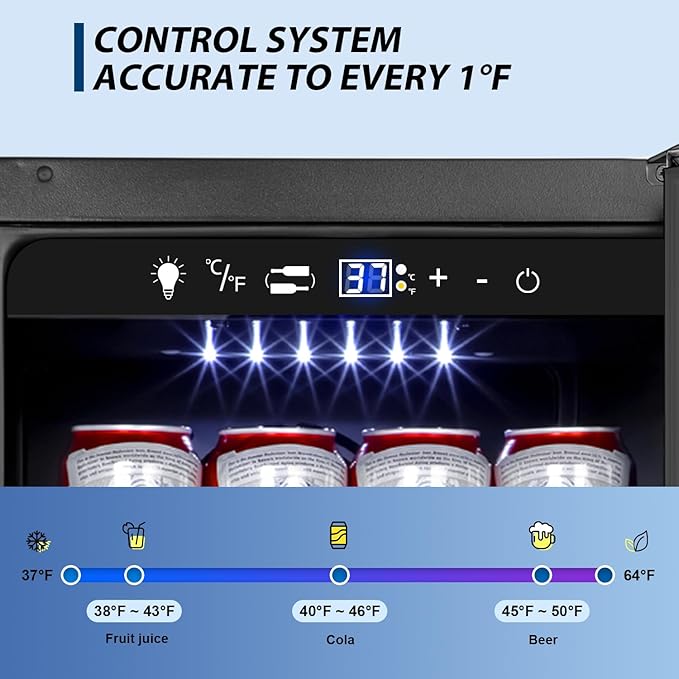 Tylza 15 Inch Beverage Refrigerator, Under Counter/Freestanding Drink Fridge, 130 Cans Beverage Cooler with Glass Door, Reversible Door, Low Noise, Quick Cooling - for Beer, Soda, ETC, Black