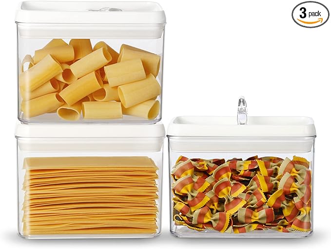 Felli Flip Tite Storage Container with Lid 4” RECTANGULAR Airtight Ring Flip Top, Stackable Kitchen Counter Pantry Organizer Acrylic Canister Jar for Pasta Spaghetti Cereal Granola Coffee (1.9qt)