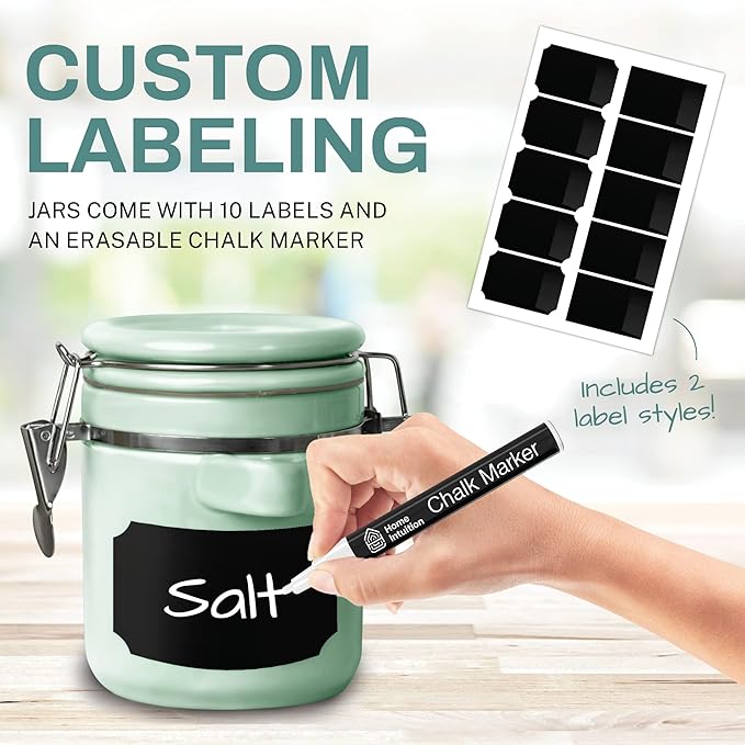 Home Intuition 4-Piece Ceramic Kitchen Canisters Set, Airtight Containers with Wooden Spoons Reusable Chalk Labels and Marker for Sugar, Coffee, Flour, Tea (Mint)
