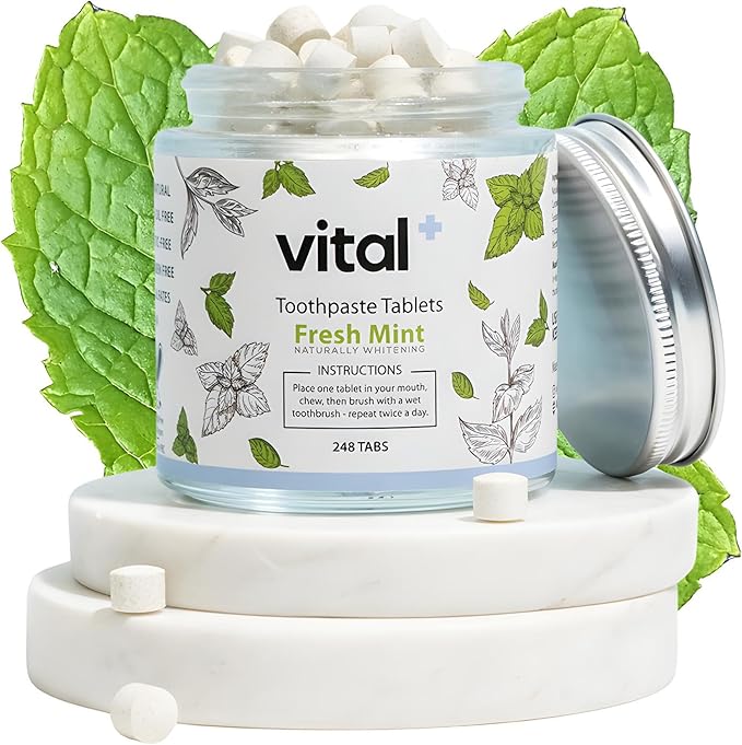 Vital Toothpaste Tabs with 7% Nano-Hydroxyapatite | Naturally Whitens + Remineralizes Teeth | Fluoride & Plastic Free | Combats Sensitivity | Travel & Eco Friendly | Fresh Mint | 248 Tablets (4 Month)