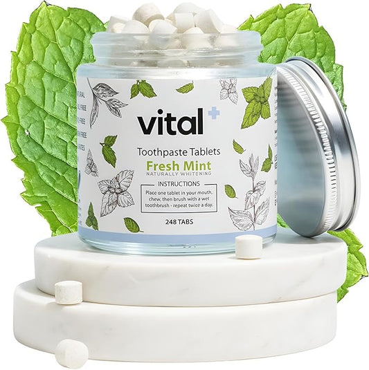 Vital Toothpaste Tabs with 7% Nano-Hydroxyapatite | Naturally Whitens + Remineralizes Teeth | Fluoride & Plastic Free | Combats Sensitivity | Travel & Eco Friendly | Fresh Mint | 248 Tablets (4 Month)