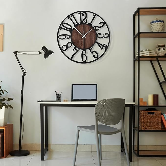 Maxstar Large Round Wall Clock for Living Room Decor Battery Operated Non Ticking Black Metal Wood Clocks for Home Living Room Garden Farmhouse Office Kitchen Decoration -24 inch