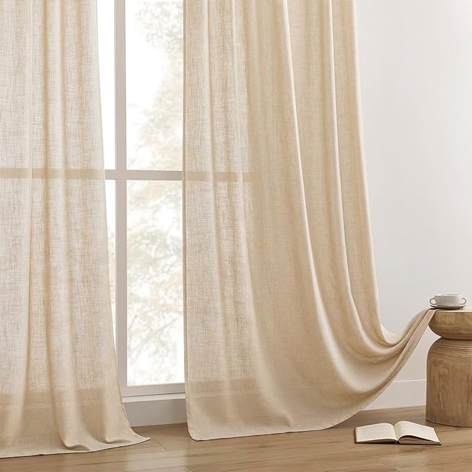 Joydeco Linen Curtains 72 Inch Length 2 Panel Sets,Light Filtering Curtains for Bedroom 52 Inch Wide Living Room Drapes with Back Tabs & Rod Pockets (W52 x L72 Inch, Ecru)