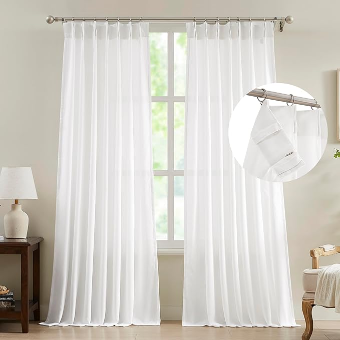 FMFUNCTEX Pinch Pleated Curtains 84 Inches Long for Living Room, White Semi Sheer Faux Linen Textured Pleat Drapes for Bedroom with Hooks, Light Filtering Neutral Farmhouse Window Drapes 2 Panels