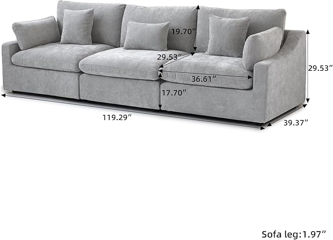 JACH U Shaped Sectional Couches, Cloud Sectional Couch with Deep Seat, 119" Down Filled Modular Sofa with Chaise, Covers Removeable & Washable, Sofas Furniture for Living Room, Light Grey