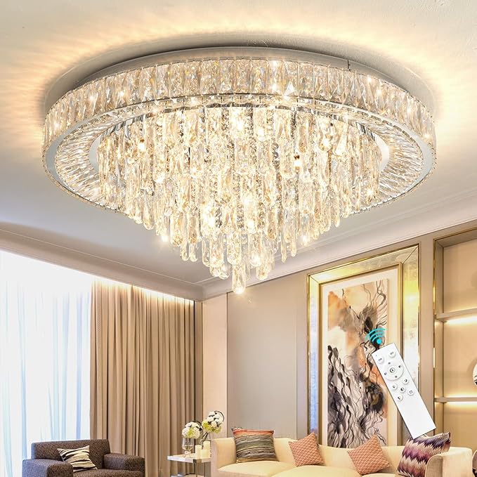 Modern Chandeliers for Living Room Crystal Ceiling Light Fixture LED Dimmable Lamp with Remote Pendant Lighting Flush Mount Ceiling Lighting for Dining Room Bedrooms