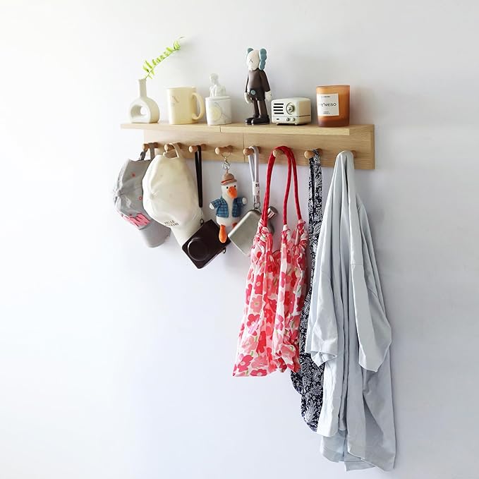 Entrance Coat Rack ，Coat Hooks, Wall-Mounted Wooden Hook Rack, Wall-Mounted Shelves are Very Suitable (Oak Colored Finish-2)