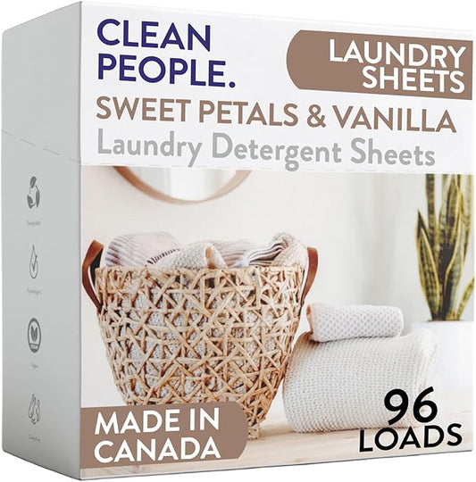 The Clean People Laundry Detergent Sheets - Laundry Soap - Ultra Concentrated, Recyclable Packaging, Stain Fighting - Sweet Petals & Vanilla, 96 Pack