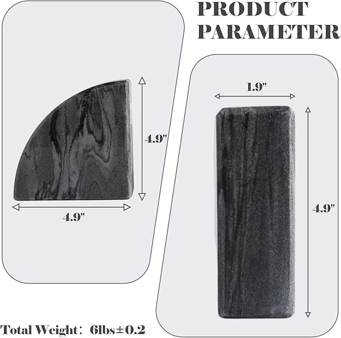 Marble Bookend for Shelves, Non-Skid Bookends for Heavy Books, Heavy Duty Book Stopper for CDs, Luxury Book Shelf Holder, Quarter Circle Design Book Ends Decorative, Monte Grigio, Set of 2