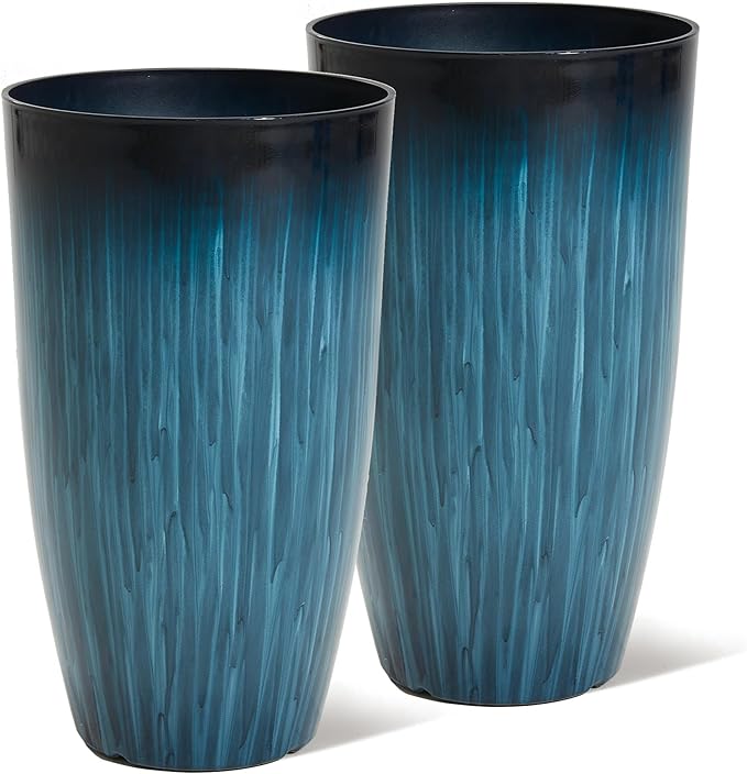 Worth Garden 23.5" H. Large Plastic Planters - Set of 2 Gradient Blue Glossy Smooth Finish - Tall Plant Pots for Indoor & Outdoor Use - Decorative Lightweight Flower Pot for Front Porch, Patio, Deck