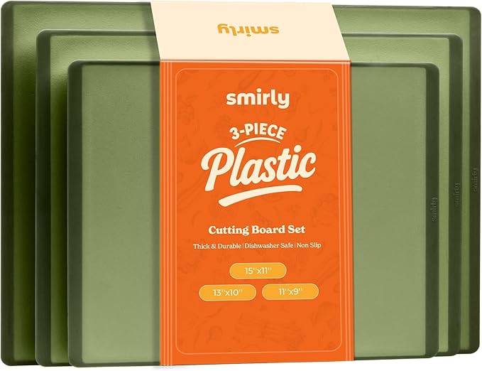 SMIRLY Plastic Cutting Board Set 3 Pieces, Non-Slip Dishwasher Safe Chopping Boards for Kitchen, Green