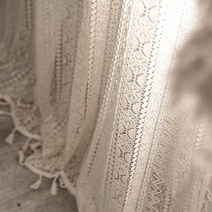 Sutuo Home Boho Curtains for Bedroom Nursery 90 Inch Length, Bohemian Geometric Crochet Sheer Lace Handmade Tassels Window Treatment Vintage Rustic Drape Rod Pocket 1 Panel 59" W x 90" L, Beige Wave