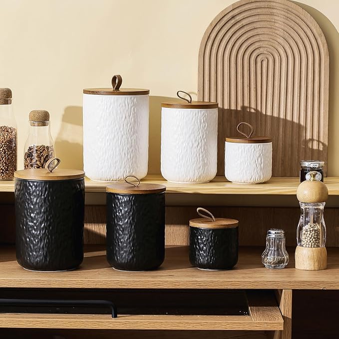 Black White Ceramic Coffee Canister Tea Canister with Seal Wood Lid, Airtight Coffee Storage Container for Coffee Bean, Ground Coffee, Sugar, Cookie Candy jar (Black, 800ml)