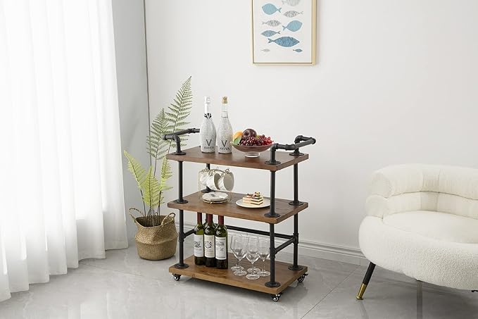 Industrial Pipe Bar Carts/Serving Carts/Kitchen Carts/Wine Rack Carts on Wheels with Shelves - Wood Rolling Carts - Wine Tea Liquor Shelves/Holder - Home Furniture