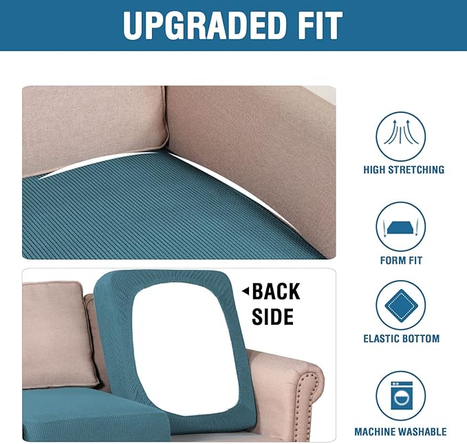 H.VERSAILTEX Super Stretch Individual Seat Cushion Covers Sofa Covers Couch Cushion Covers Slipcover Sets Thick Jacquard Textured Twill Fabric (2 Piece Medium Sofa Cushion Covers, Storm Blue)