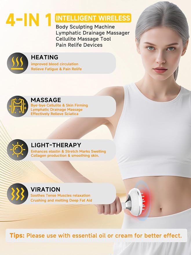 Lymphatic Drainage Massager, Electric Anti Cellulite Massage Tool, Helps Reduce Stretch Marks & Cellulite for Legs & Arms & Belly, Body Sculpting Machine with Microcurrent, Light, Heat & Vibration