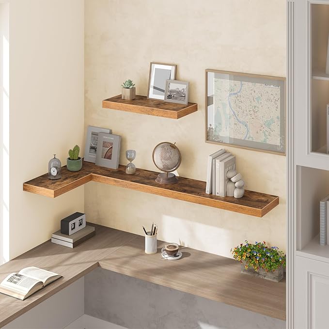 HOOBRO Floating Shelves for Wall, Wall Mounted Shelf Set of 2, 55" Hanging Shelf with Invisible Brackets, for Wall in Bathroom, Bedroom, Toilet, Kitchen, Living Room, Office, Rustic Brown BF140BJP201