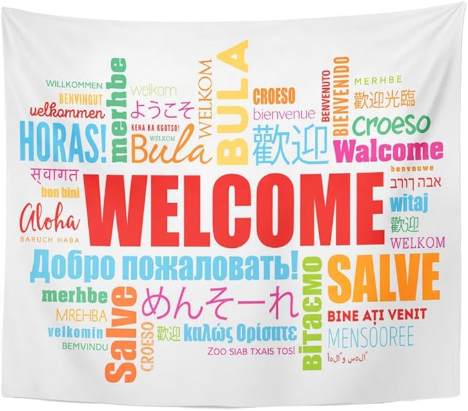 TOMPOP Tapestry World Welcome Word Cloud in Different Languages Conceptual Multilingual Home Decor Wall Hanging for Living Room Bedroom Dorm 50x60 Inches
