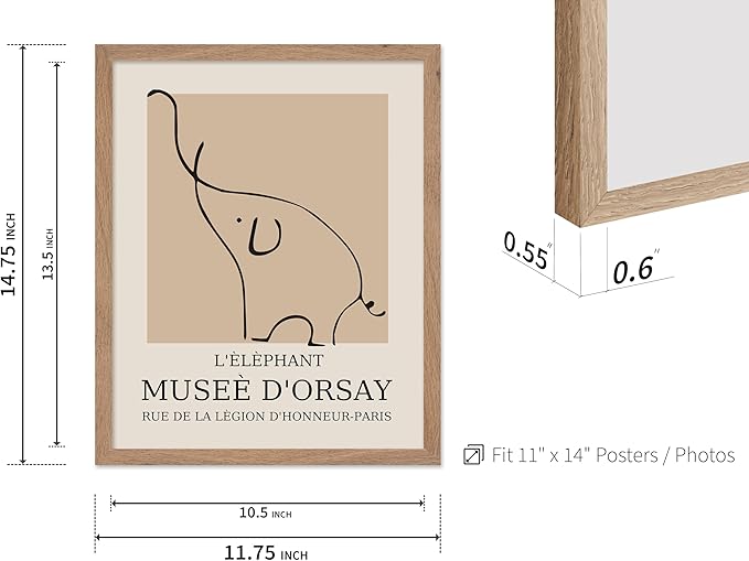 Poster Master Vintage Poster - Retro Minimalist Print - Gift for Artist, Housewarming - Elephant, Line Drawing, Sketch, Abstract - Wall Decor for Living Room, Bedroom, 11x14 Beige Framed