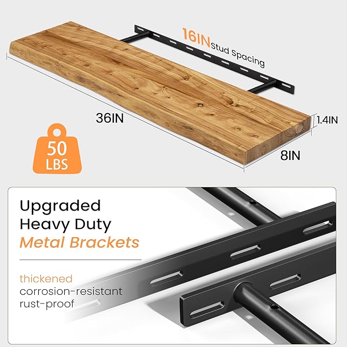 Floating Shelves for Wall, 36" Live Edge Solid Elm Wood Floating Shelf, Wall-Mounted Display Shelves with Invisible Heavy-Duty Metal Bracket, Floating Shelf for Kitchen (Natural, Set of 2)