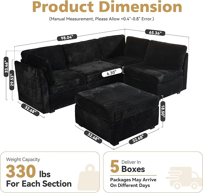 Modular Sectional Sofa, 130.7" L Shaped Couch Set for Living Room, 4-Seater Comfy Cloud Couches with Movable Ottoman, DIY Combination, Plush Corduroy, Black
