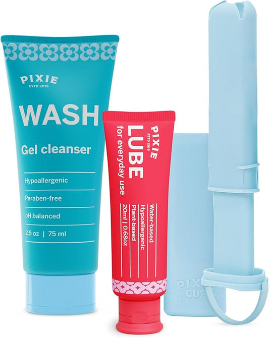 Pixie Menstrual Disc Applicator, Feminine Wash (2.5oz) & All-Natural Lube (20mL) Bundle - Inserts Like A Tampon - Every Woman Can Now Use Period Discs - Perfect For Long Nails - NOT For Menstrual Cups