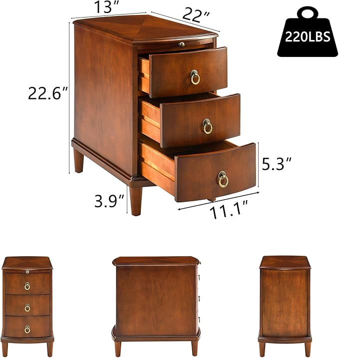 PADMA HOUSE Solid Wood End Table with 3 Drawers, Fully Assembled Nightstand with Sliding Shelf, Pre-Assembled Vintage Wooden Beside Table in Cherry Brown for Small Space,13.4 * 22.4 * 22.6in