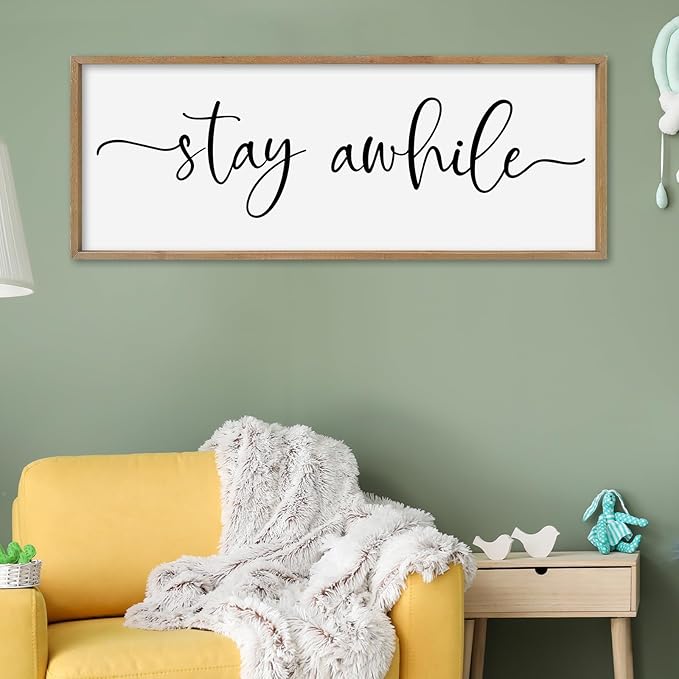 SRSZHIYUE Stay Awhile Sign Wall Decor Art 40"×15" Home Entryway Hallway Signs Large Wood Framed Wall Hanging (Wood)