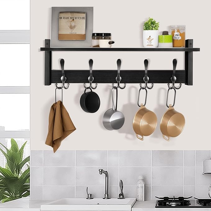 Homode Coat Rack with Shelf, 24" Coat Hooks Wall Mounted with Shelf, Wooden Hanging Coat Hanger with Tri Hooks for Entryway, Bathroom, Mudroom, Bedroom, Black