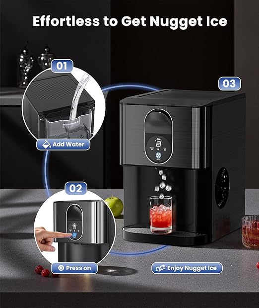 Nugget Ice Maker Countertop, 44lbs/24H Soft Chewable Pellet Ice Maker Machine Dispenser with Water Reservoir, Self-Cleaning, Pebble Ice Machine for Home Kitchen, Office, Black Stainless