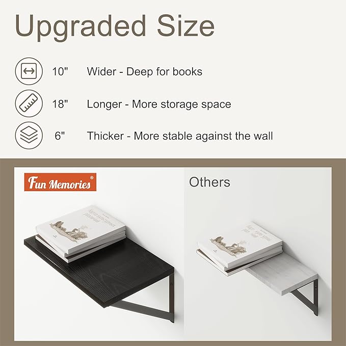 Fun Memories Black Floating Shelves 18 Inch Long, Rustic Floating Shelf with Brackets, 10 Inch Deep Wall Shelves, Black Bathroom Shelves, 18 x 10 Storage Shelf for Kitchen, Living Room, Set of 2