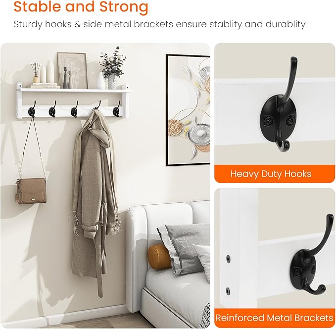 Homode Coat Rack with Wall Shelf and Hooks - 24 Inch Long, Wooden Hanging Coat Hanger with Hat Shelf for Entryway, Bathroom, Mudroom, White