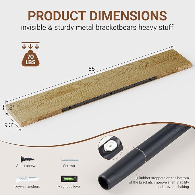 Heimlove 55 Inch Long Floating Shelves for Wall,9.3" Deep Oak Floating Shelves Set of 2,Large Display Shelf & Storage Shelf,Wall Mounted Shelves for Bedroom Living Room Kitchen Office