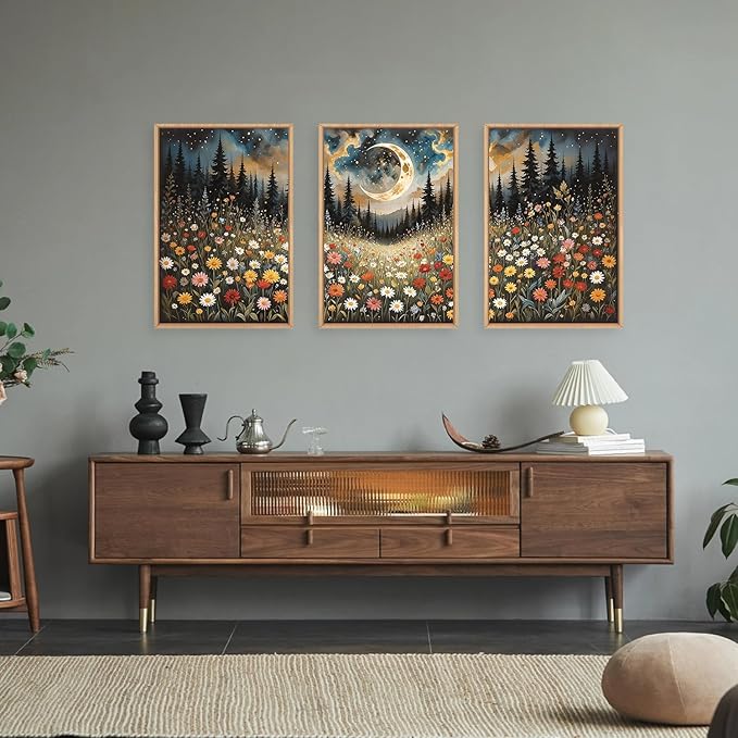 HPINUB Wildflower Moon Pine Tree Framed Canvas Wall Art Set,Nature Forest Wall Decor,Mystical Starry Night Artwork Rustic Mountain Landscape Art Print for Living Room,Bedroom,Office-24 x36 x3