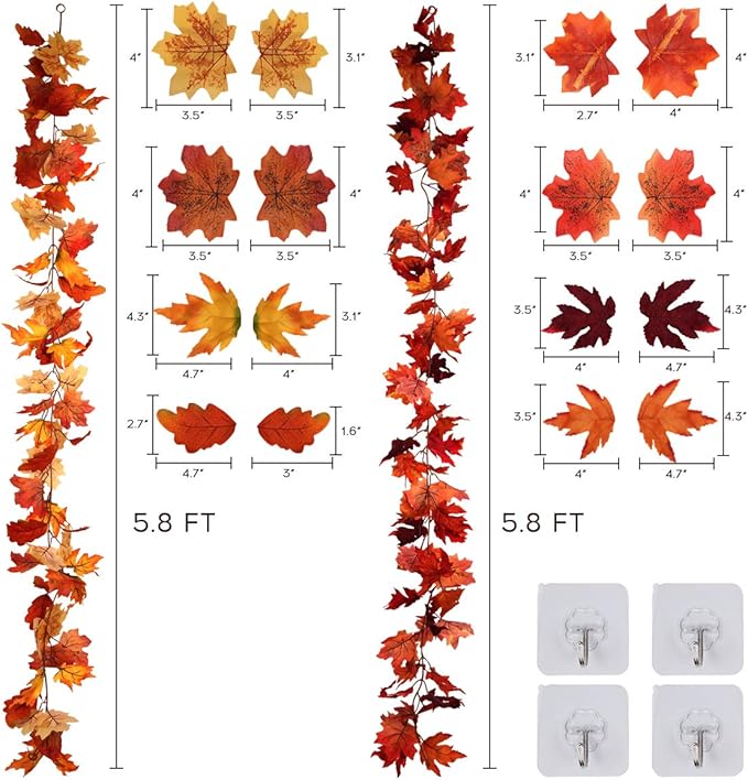 RECUTMS 2 Pack Fall Maple Garland - 5.8 FT/Pcs Autumn Hanging Fall Leave Vines for Home Garden Wedding Party Thanksgiving Dinner Fireplace Door Frame Doorway Backdrop Christmas Decor