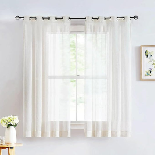 FMFUNCTEX Linen Sheer Curtains for Bedroom, Beige Curtains 63 Inch Length Short Light Filtering Draperies for Living Room, Natural Cream White Light Filtering Farmhouse Curtain Grommet Top 2 Panels