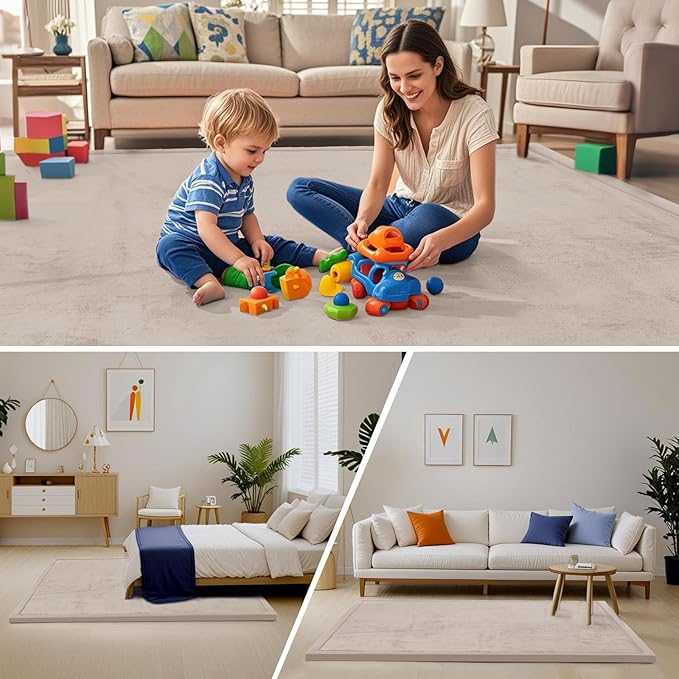 ACOMOPACK Baby Play Mat for Floor,1.3" Thick Memory Foam Area Rug for Living Room,Soft Velvet Crawling with Non-Slip Bottom for Kid,Toddler,79"×157" Tummy Time Nursery Rugs,Yoga（Beige）