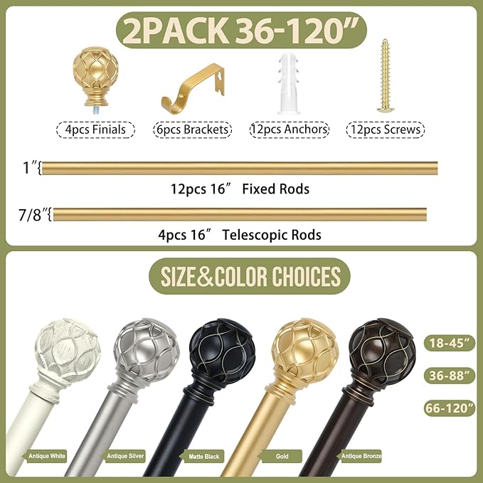 Gold Adjustable Curtain Rods for Windows:Farmhouse Heavy Duty Curtain Rod for Bedroom Living Room,Boho Decorative Rustic Drapery Rod with Vintage Coastal Finials,Brass Gold 2 Pack 66-120"