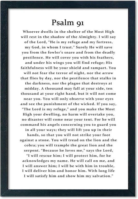 LuZhiQiang Psalm 91 Scripture Wall Art 16"×11" Bible Verse Christian Inspirational Sign Wood Framed Wall Hanging Decor (Black)