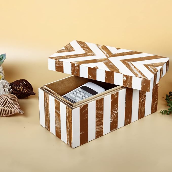 Handicrafts Home Handmade Chevron Pattern Decorative Box - Storage Organizer, Decor Centrepiece, Memory Keepsakes, Home Decor - Boho Style Treasure Box, Multipurpose Gift - Brown, 10x5x5