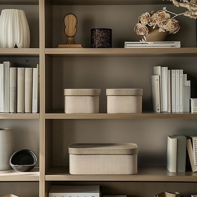 La Jolie Maison Fluted Cardboard Storage Baskets with Leather-Like Lids, Sturdy Stackable Paper Boxes Decorative Tray,Set of 3 Ivory