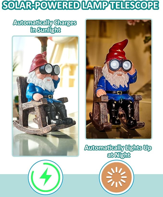 Solar Garden Gnome Statues Resin Gnome Figurines Sitting on Rocking Chair Outdoor Telescope Gnome Gifts for Yard, Patio Decor Gift