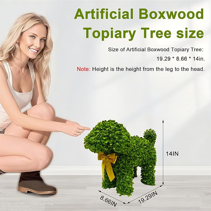 2 Pcs Artificial Bunny Shaped Topiary Trees, Artificial Green Boxwood Bunny Decorations with Gold Bow, Perfect for Indoor & Outdoor Front Porch, Easter& Garden Decor (Boxwood Dog Tree)