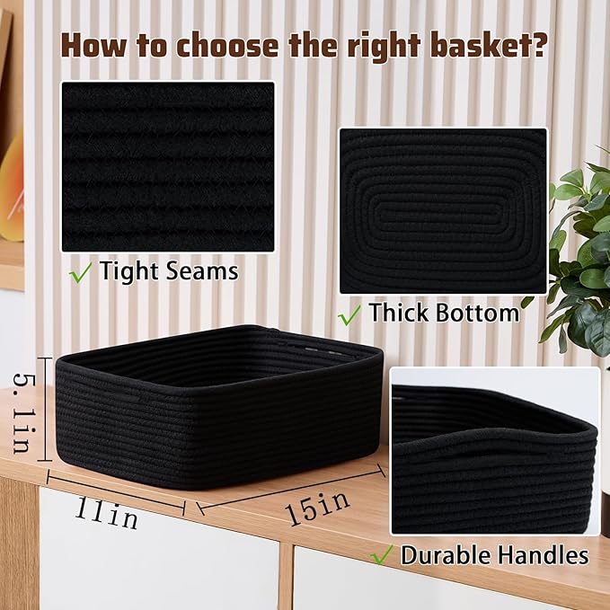 Large Shallow Organizing Baskets 15x11x5.1 Inches - Rope Woven Storage Bins for Bathroom, Shelves, Cube Closet, Black 2 Packs