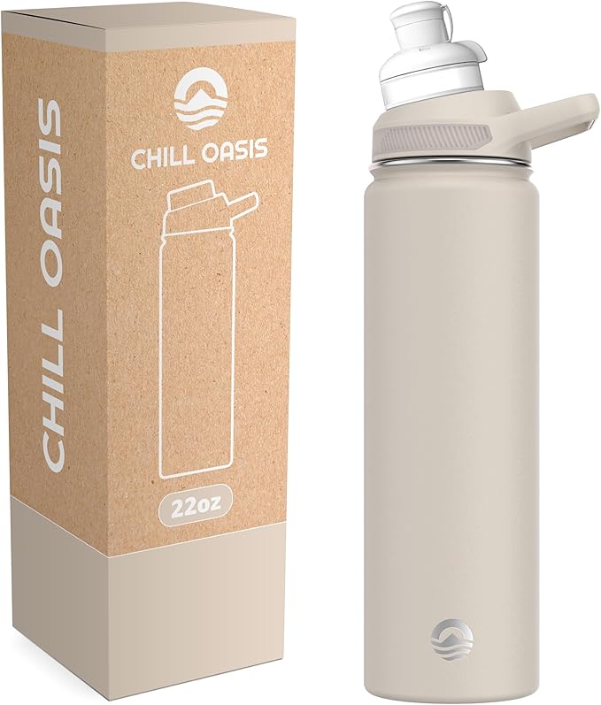 Chill Oasis Water Bottle | Compatible With Popular Flavor Cartridges | BPA Free, Leak Proof, Double-Walled Vacuum Insulated Stainless Steel, and Dishwasher Safe | Cold for 24 Hours (Beige, 22oz)