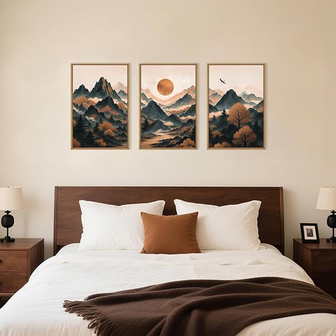 Large Boho Mountain Framed Canvas Wall Art Set, Brown Ridge Landscape Wall Decor, Pine Tree Scenery Wall Painting, Abstract Wilderness Art Print for Living Room, Bedroom, Office - 16"X24"X3