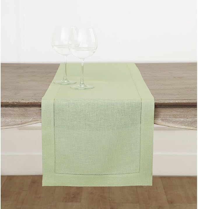 Solino Home Linen Table Runner 48 Inches - 100% Pure Linen Sage Green Hemstitch Table Runner 14 x 48 Inch Ideal for Dresser and Coffee Tables - Fall, Autumn, Thanksgiving - Classic Hemstitch